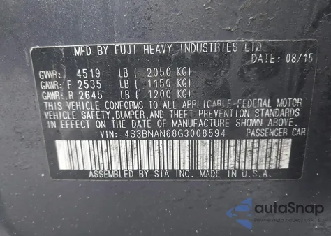 2016 Subaru Legacy 2.5I Limited из США, поврежденный, VIN 4S3BNAN68G3008594